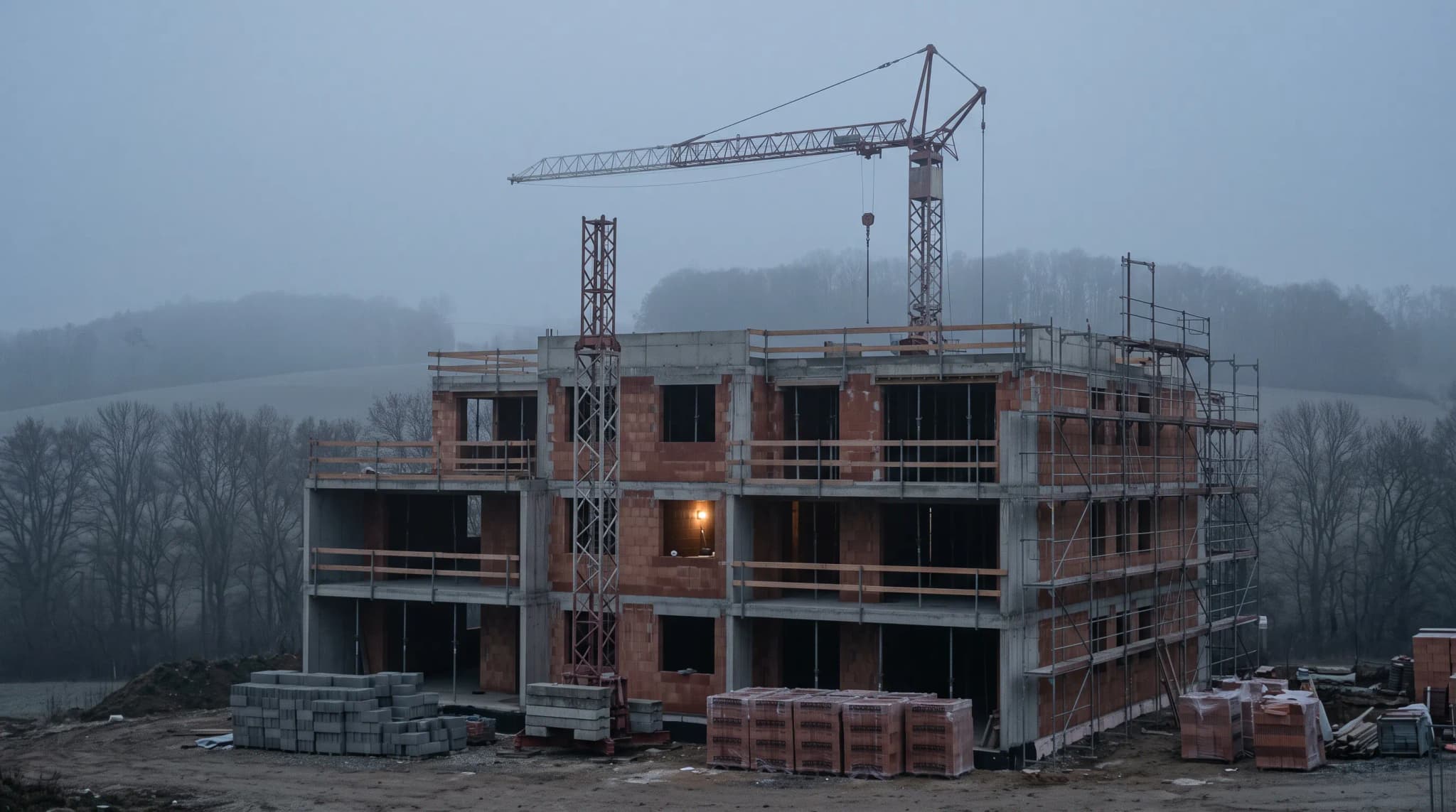 Rohbau mit Kran im Morgennebel, dahinter bewaldete Hügel